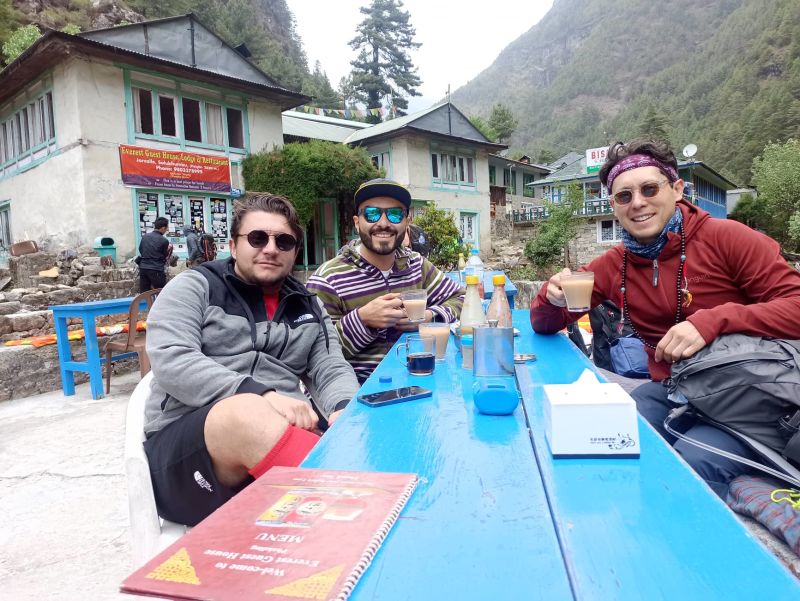Stefano, Oldo and Hiram on lunch break low don on EBC trek, Nepal
