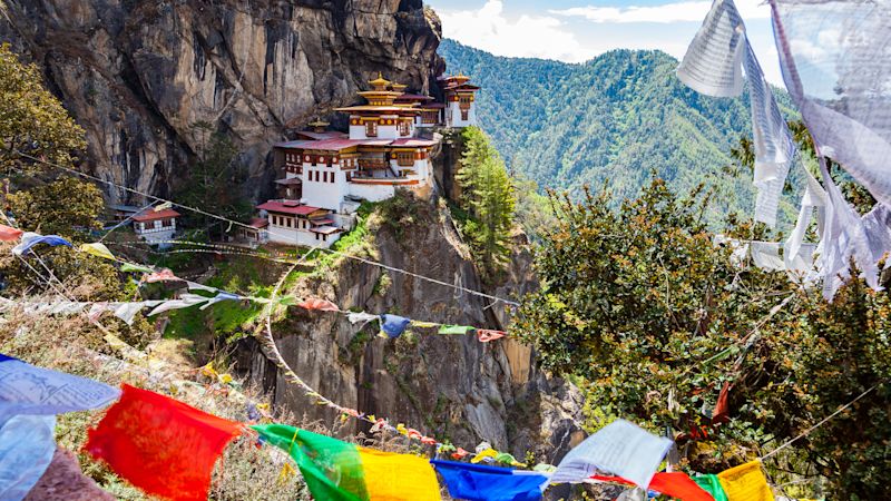 Tiger's Nest with prayer flags on a sunny spring day