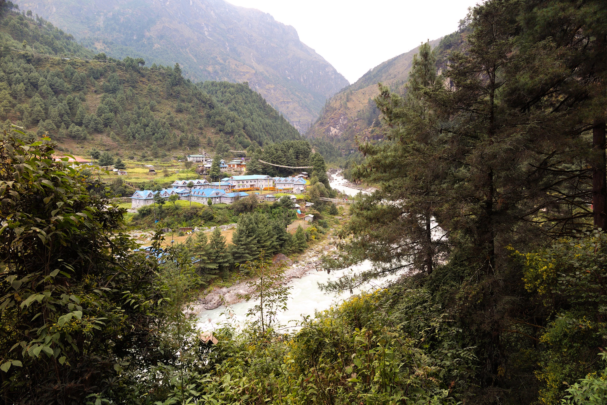 View of Phakding Village and the Dudh Koshi River, Khumbu, eastern Nepal, along the Everest Base Camp trek