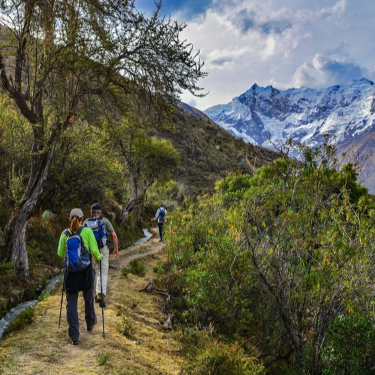 Peru. Trekkers with trekking poles and backpacks on Salkantay Trek en route to Machu Picchu 