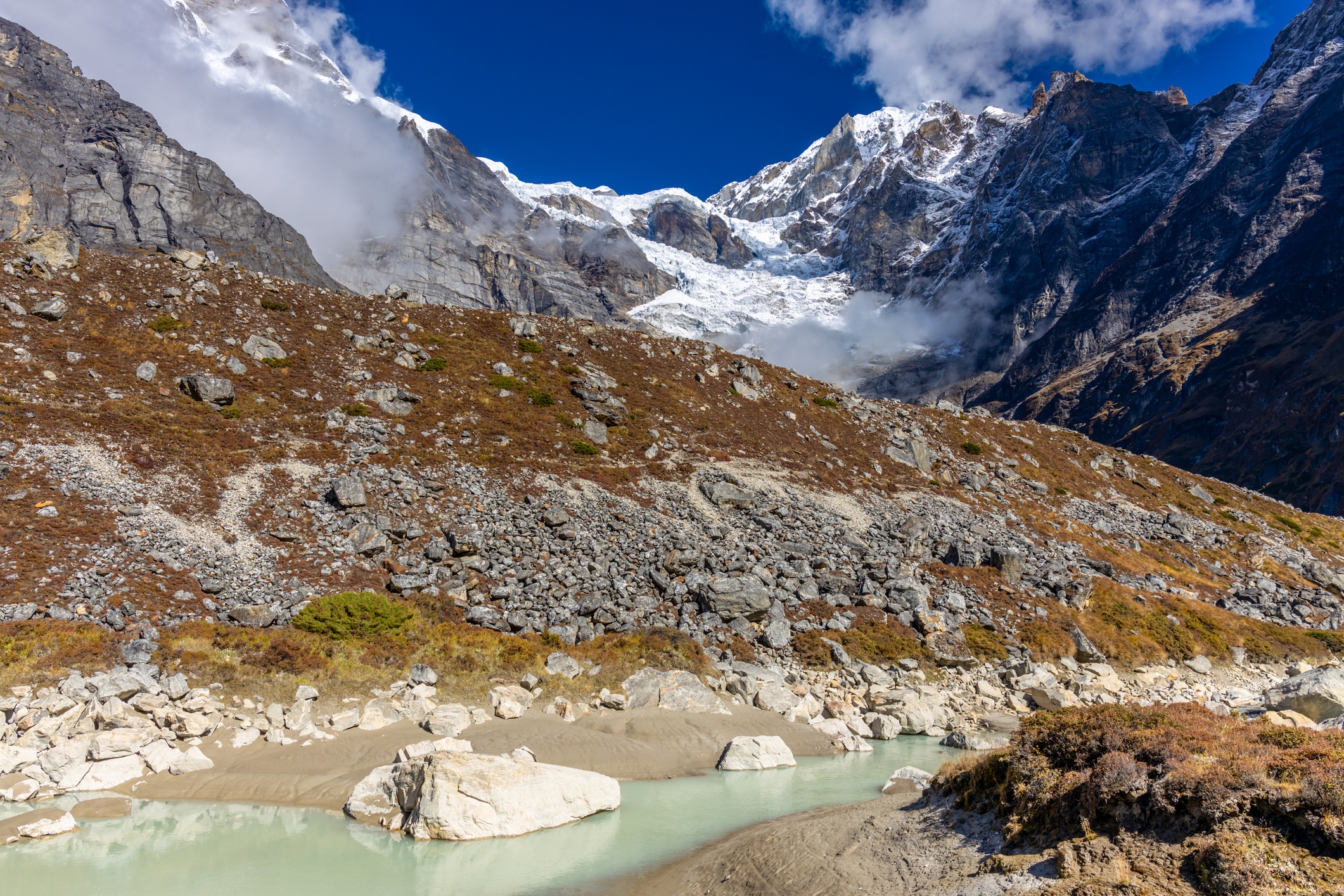 Mountains landscape Mera peak in Nepal. Himalaya mountain path on Mera peak Nepal trek hiking route. Great mountain lanscape scenic view