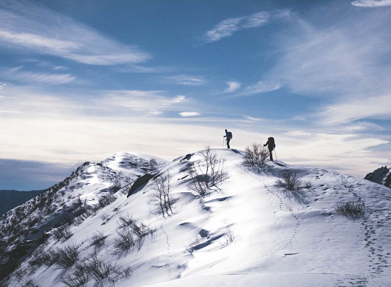 Trekkers hiking in snow with trekking poles and backpacks