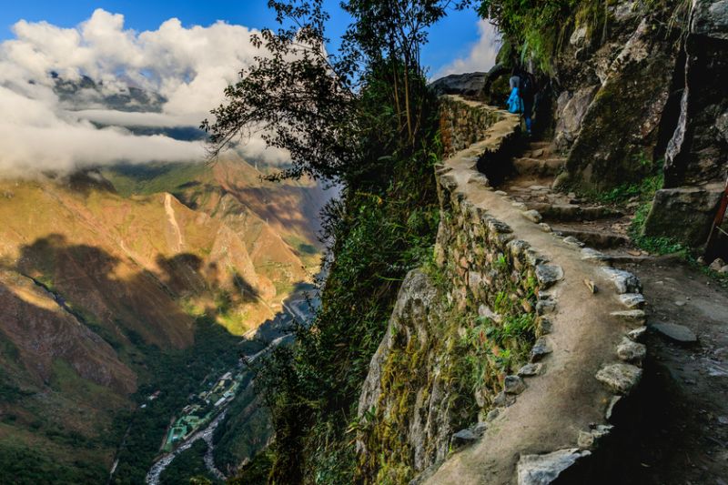 Old Inca stone path on Inca Trail leading to Machu Picchu 