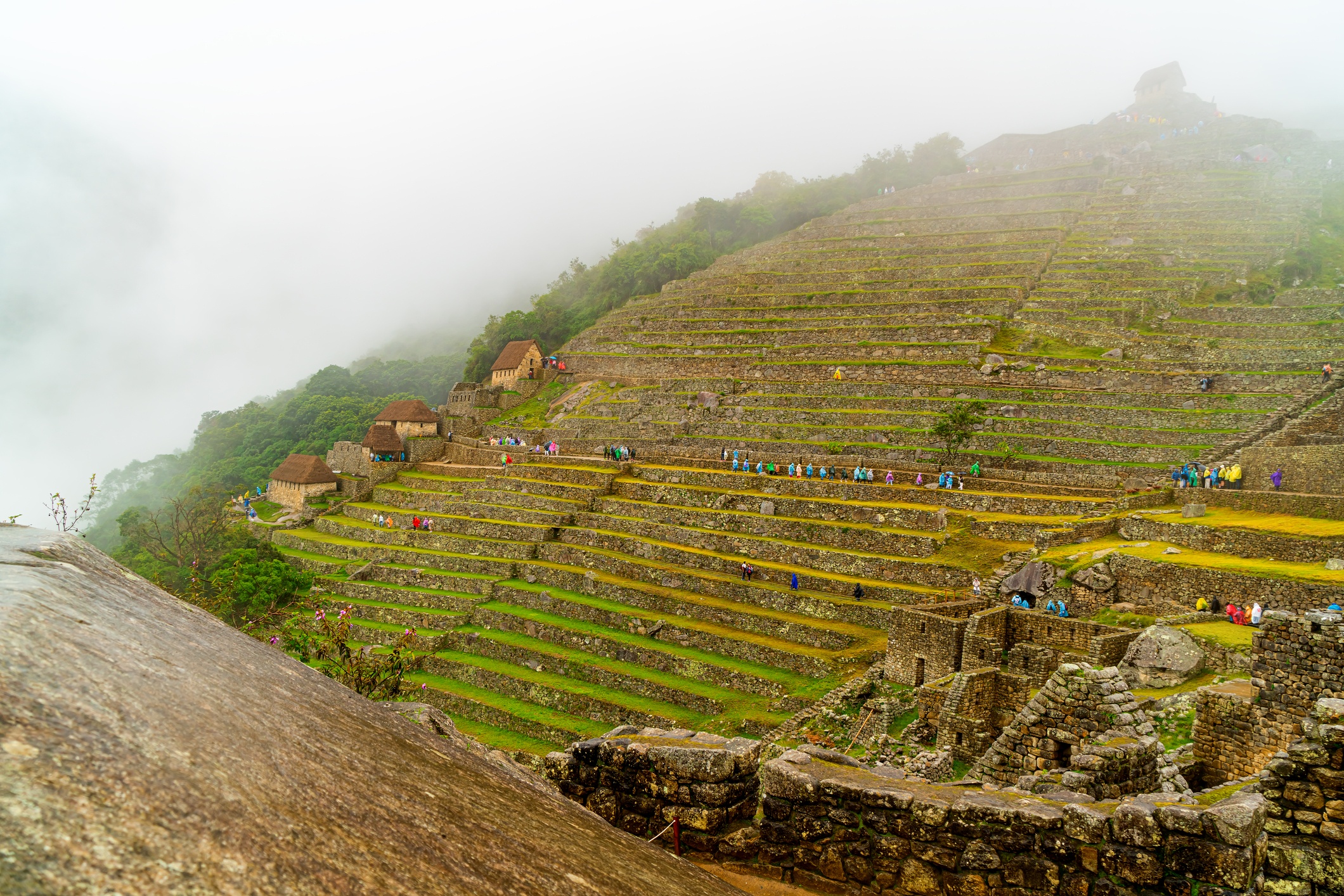 Tourists in colourful rain jackets walking along the terraces of Machu Picchu in rain and mist