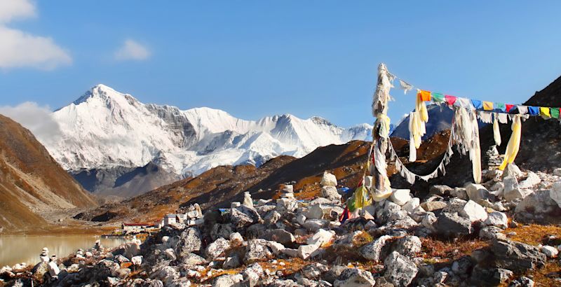 Cho Oyu peak and Tibetan prayer flags in foreground, Himalayas of Nepal