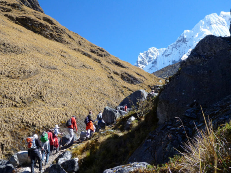 Hikers on a trail along the Salkantay trek in Peru, with a view of snow capped peaks and mountains (1)