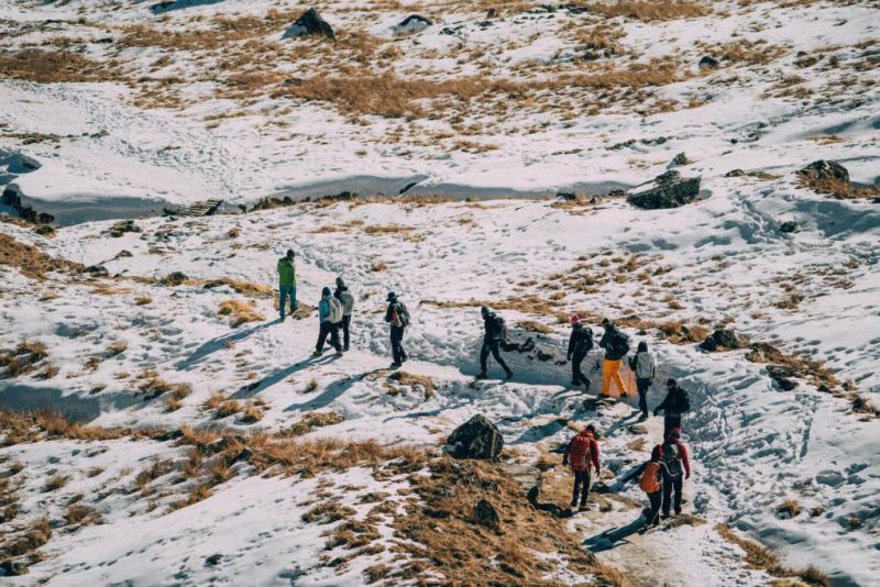 line of trekkers walking in snow, Everest Base Camp packing list