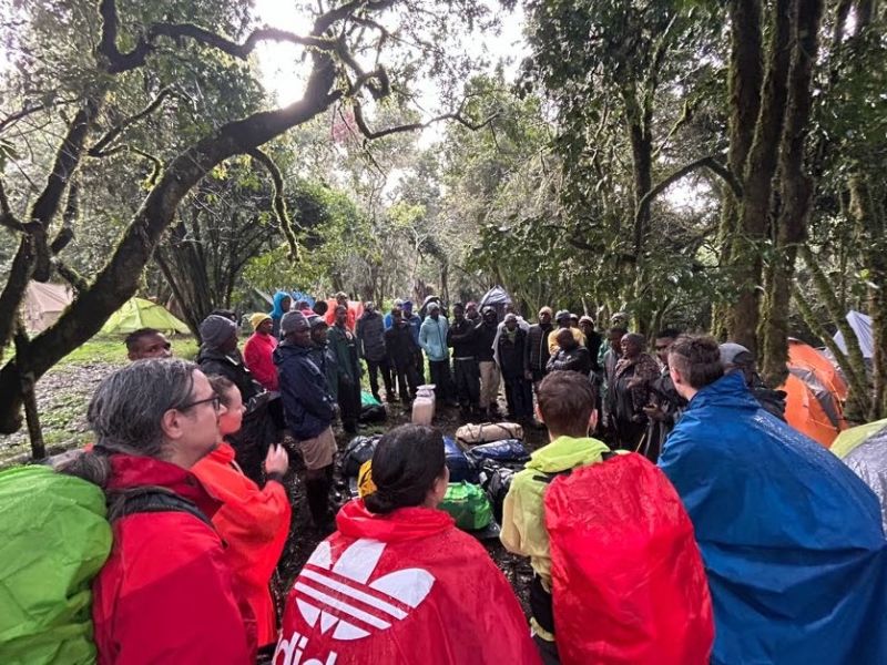 Group pic, briefing, forest, Kilimanjaro