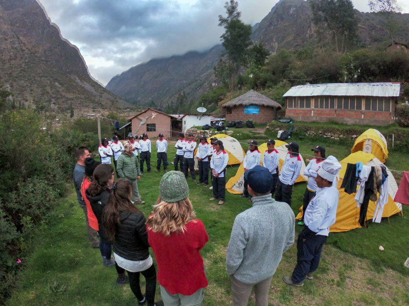 Inca Trail trek group and mountain crew campsite, Peru