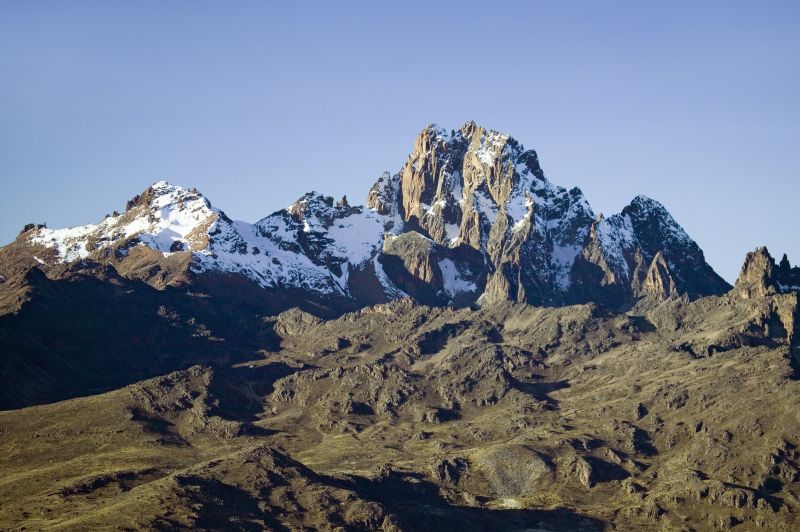 Aerial of Mount Kenya, Africa and snow in January