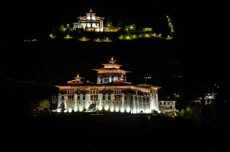 Rinpung Dzong (Monastery) in Paro is lit up beautifully at night