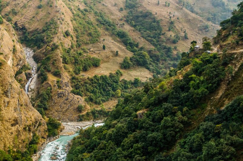 Marsyangdi River valley near village of Jagat, Annapurna Circuit, Nepal