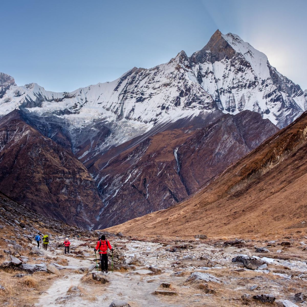 Kangtega mountain and trekkers in Khumbu region