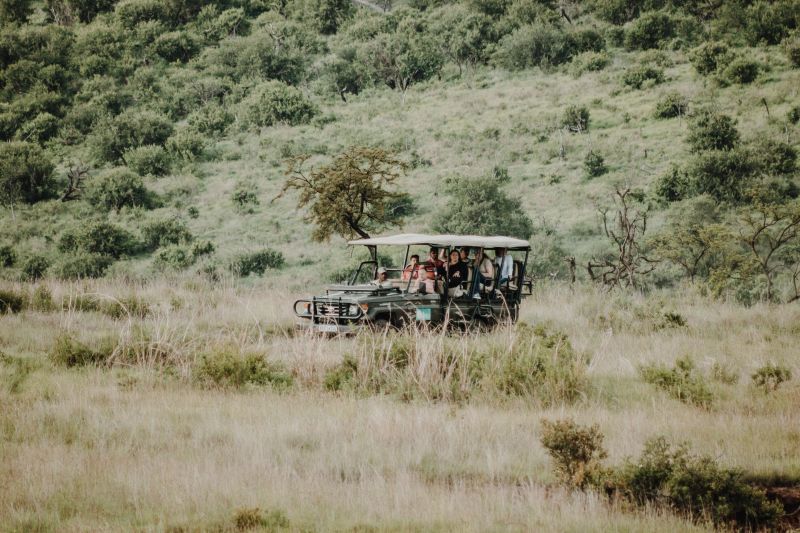 Safari vehicle and passengers in Africa