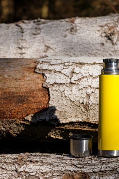 Square image of yellow thermos of fallen tree