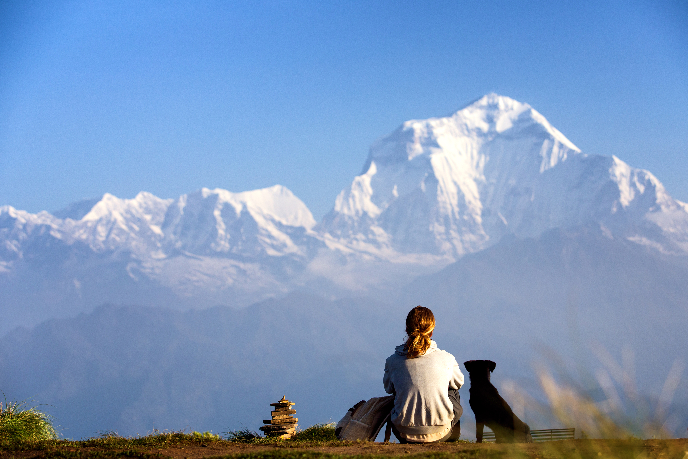 A man and a dog at Poon Hill, Himalayas, Nepal