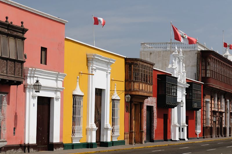 Row of colourful colonial buildings in Trujillo city, northern Peru
