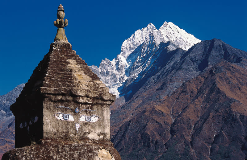 Mt. thamserkhu photo taken from tyangboche:Tengboche solukhumbu nepal with very old stupa in foreground