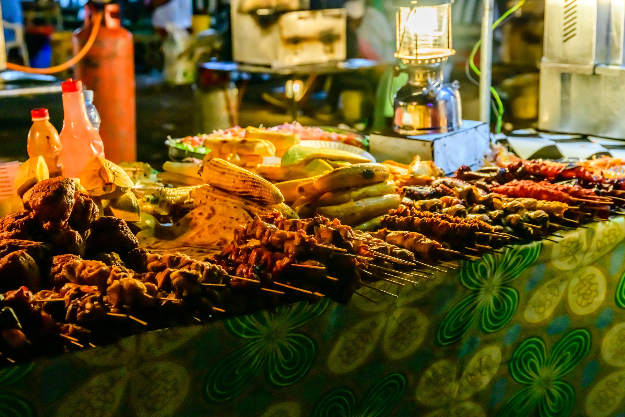 Different seafood for sale at the Forodhani gardens in Stone town at night. Zanzibar, Tanzania