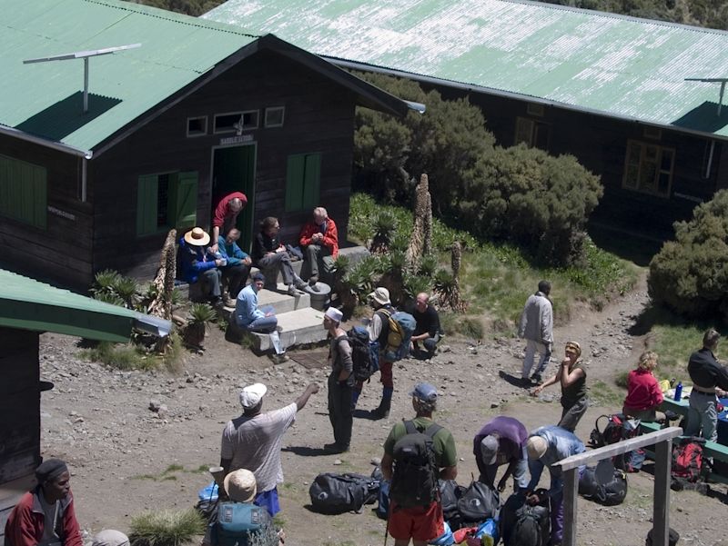 Aerial view of Mt Meru climbers at camp huts