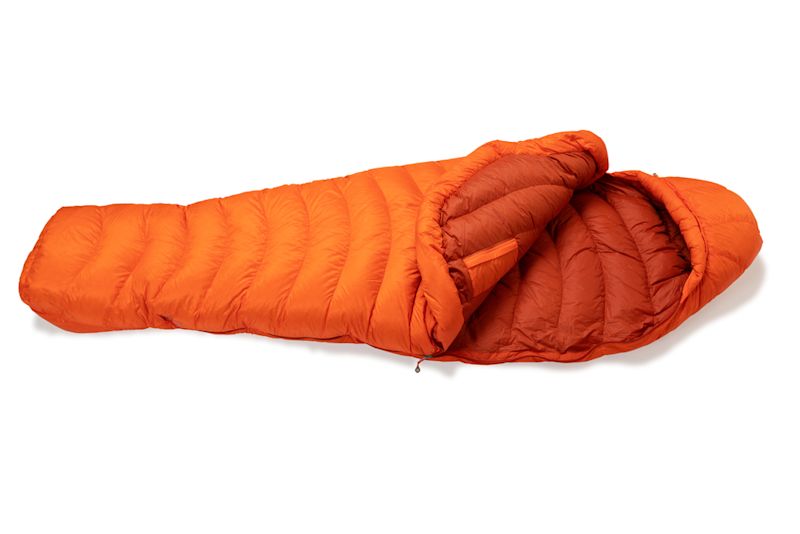 Orange winter sleeping bag with hood and hoizontal baffles