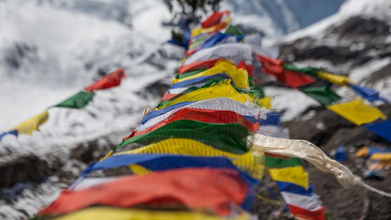 Prayer flags at Beautiful Manaslu base camp, Nepal