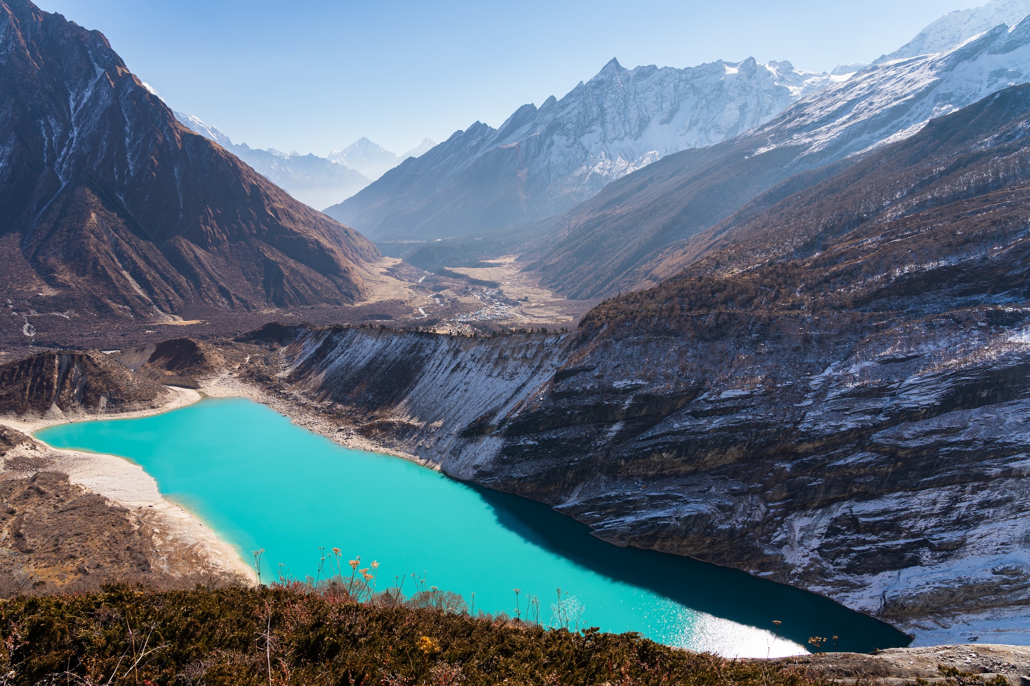 Birendra alpine lake view from the way to Manaslu base camp in Samagaun village, Himalaya mountains range in Manaslu circuit trekking route, Nepal, Asia