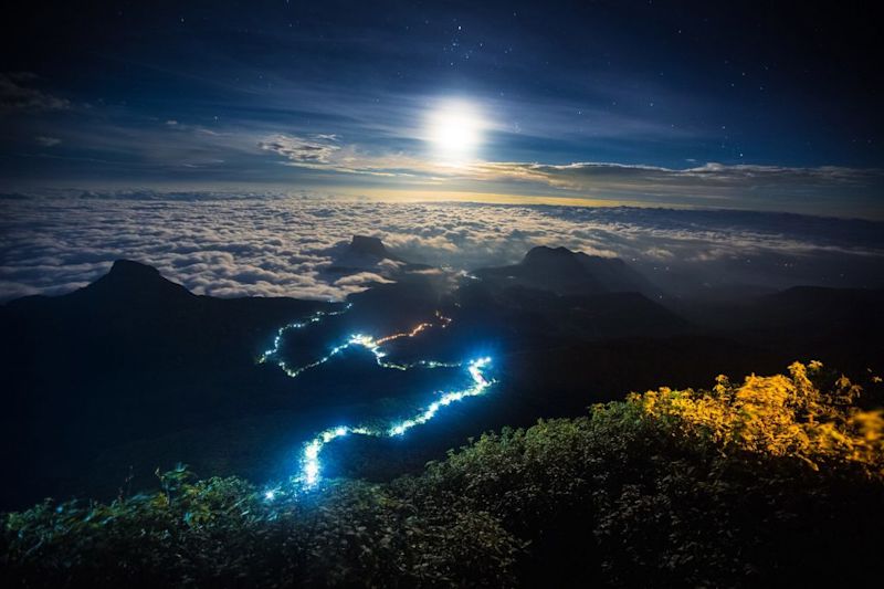 Aerial view of Adams Peak at night