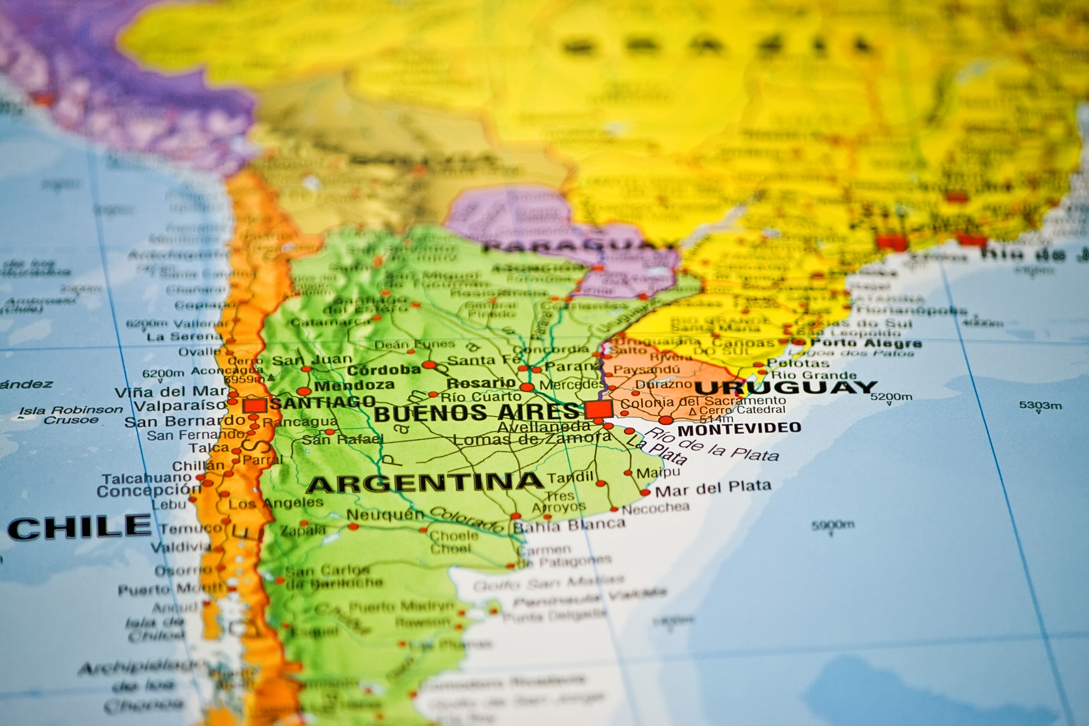 Coloful map of South America, close up