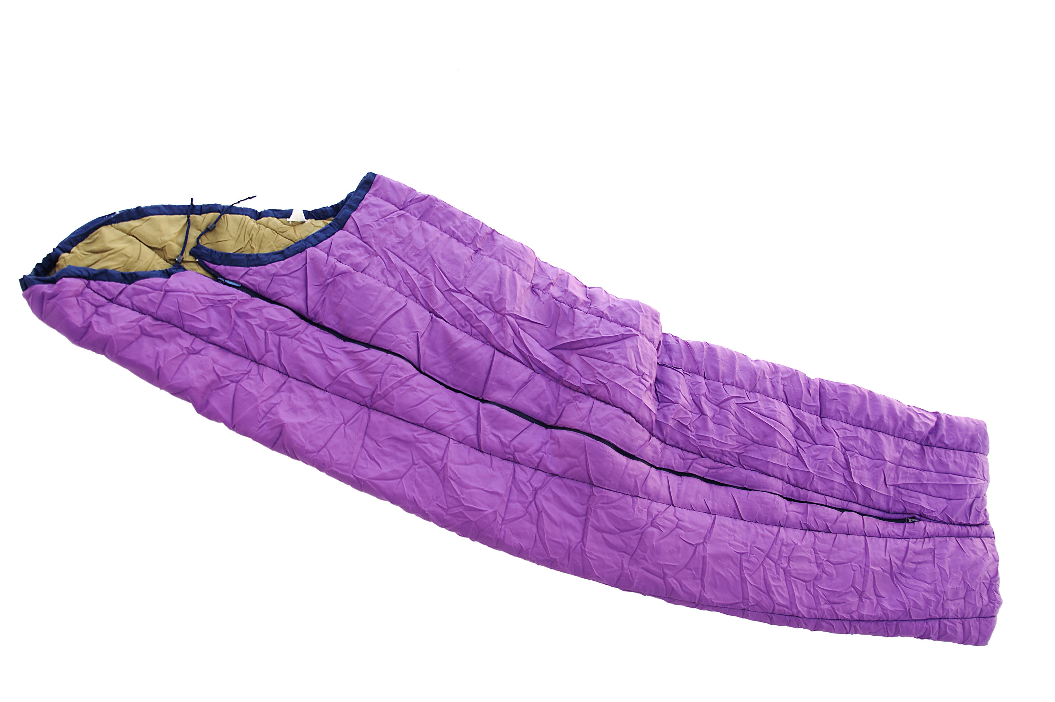 Purple sleeping bag with vertical baffles isolated on white background