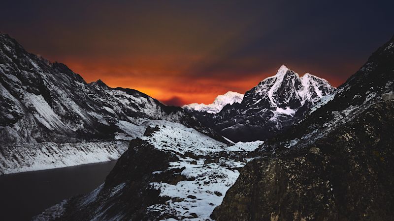 Stunning view of winter Himalayan mountain landscape at night at high altitude near the base camp of Island peak Imja Tse