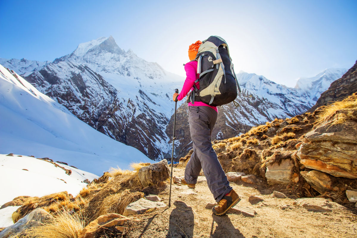 Hiker on the trek in Himalayas, Annapurna valley, Nepal