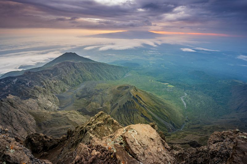 Aerial view and sunrise of Mt Kilimanjaro from Mt Meru 