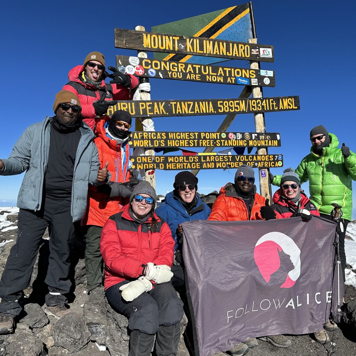 Uhuru Peak, Kilimanjaro summit, group pic with FA flag 1 January 2023 New Year's Eve