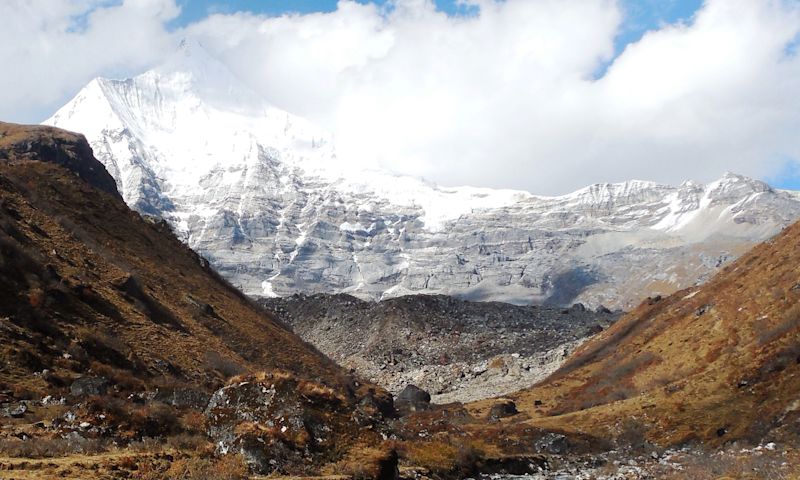 Mt Jichu Drake as seen from bridge above Jangothang, Jomolhari trek, Bhutan

