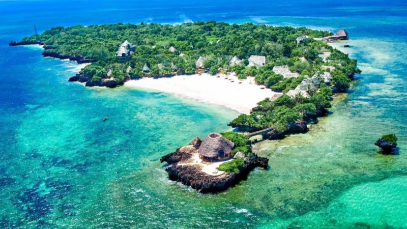 Aerial view of the resort The Sands at Chale Island near Diani Beach in Kenya