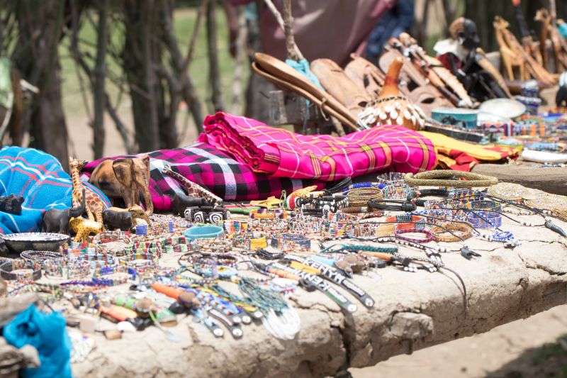 Kenya safari stall shop beadwork, carvings, traditional souvenirs and curios