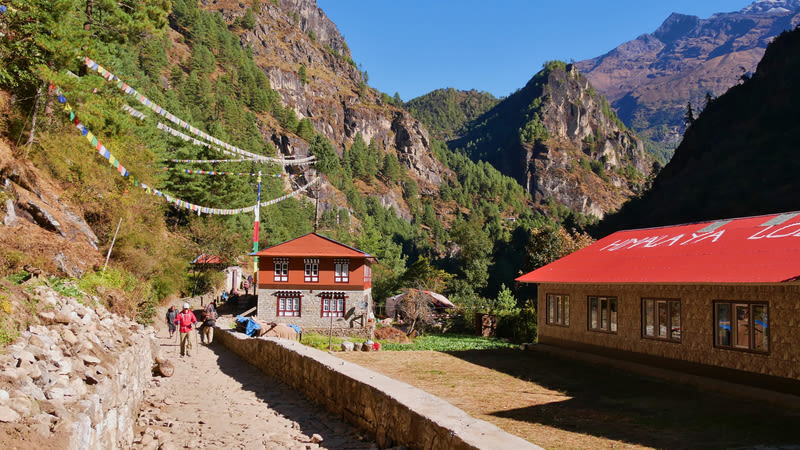 Everest Base Camp Trek in Dudhkoshi valley near Manjo, Nepal with trekkers, stone buildings and colorful Buddhist praying flags.