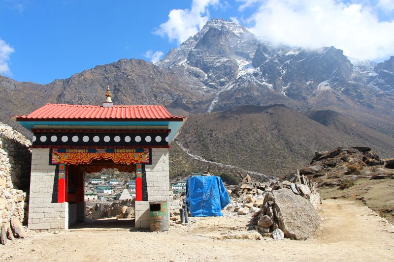 Entrance to the Khunde village with the Khumbila mountain in the background
