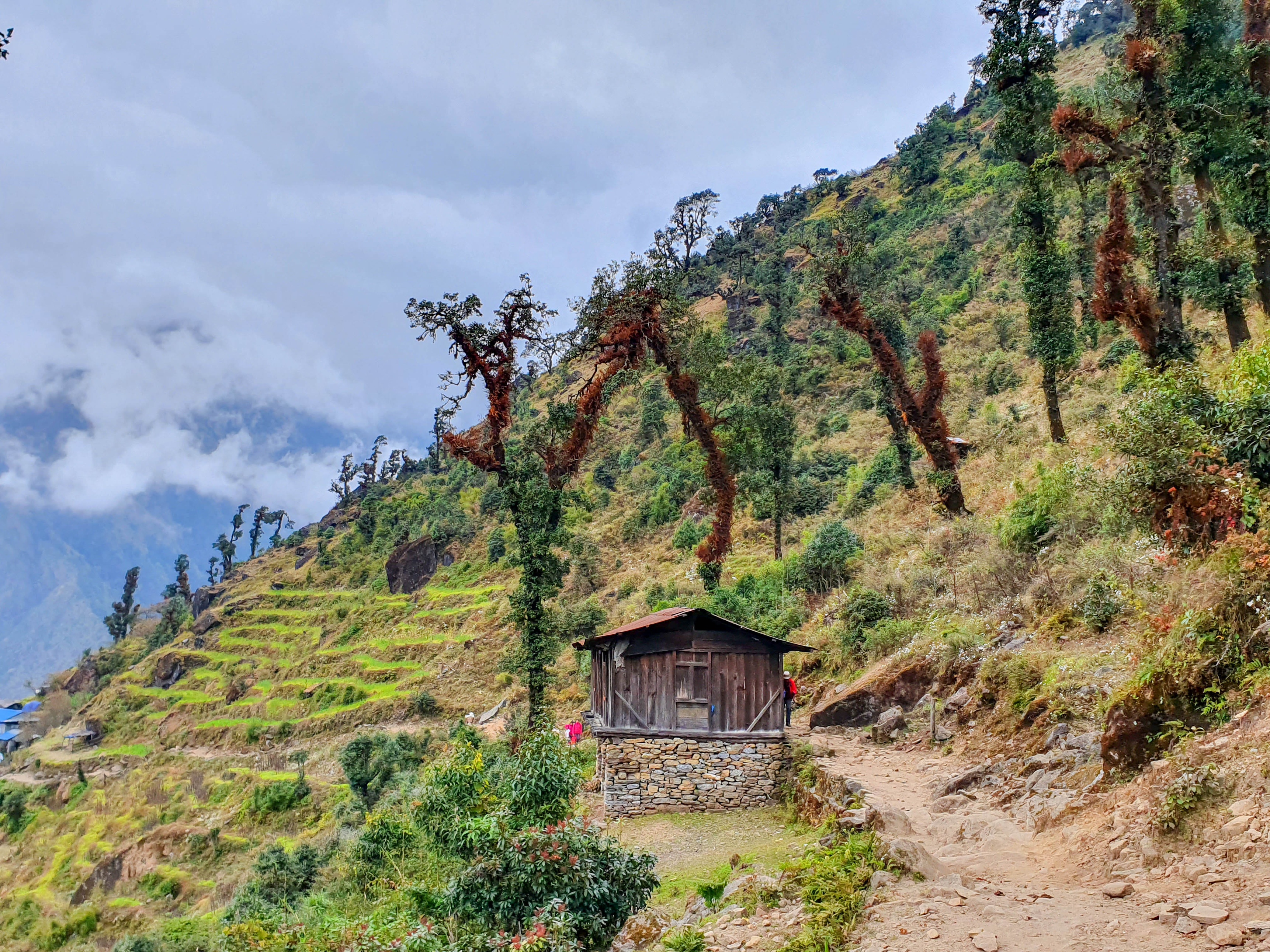Chutok La pass. Beautiful views of the local villages, hills and mountains in Solokhumbu area, Nepal