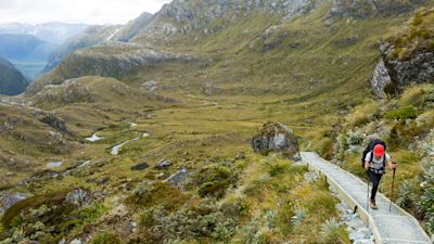 Woman trekker on footpath of Routeburn Track, New Zeland
