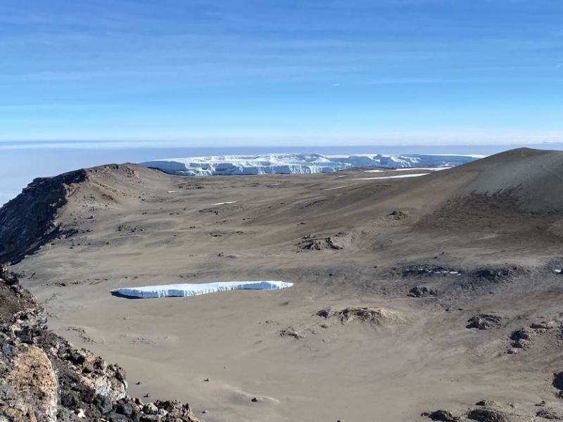 Furtwangler Glacier in goreground and Northern Ice Field in background in August, Kilimanjaro summit hike