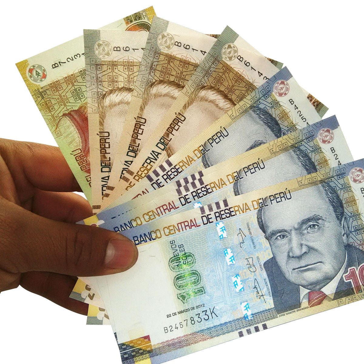 Peru nuevo soles money banknotes held in hand