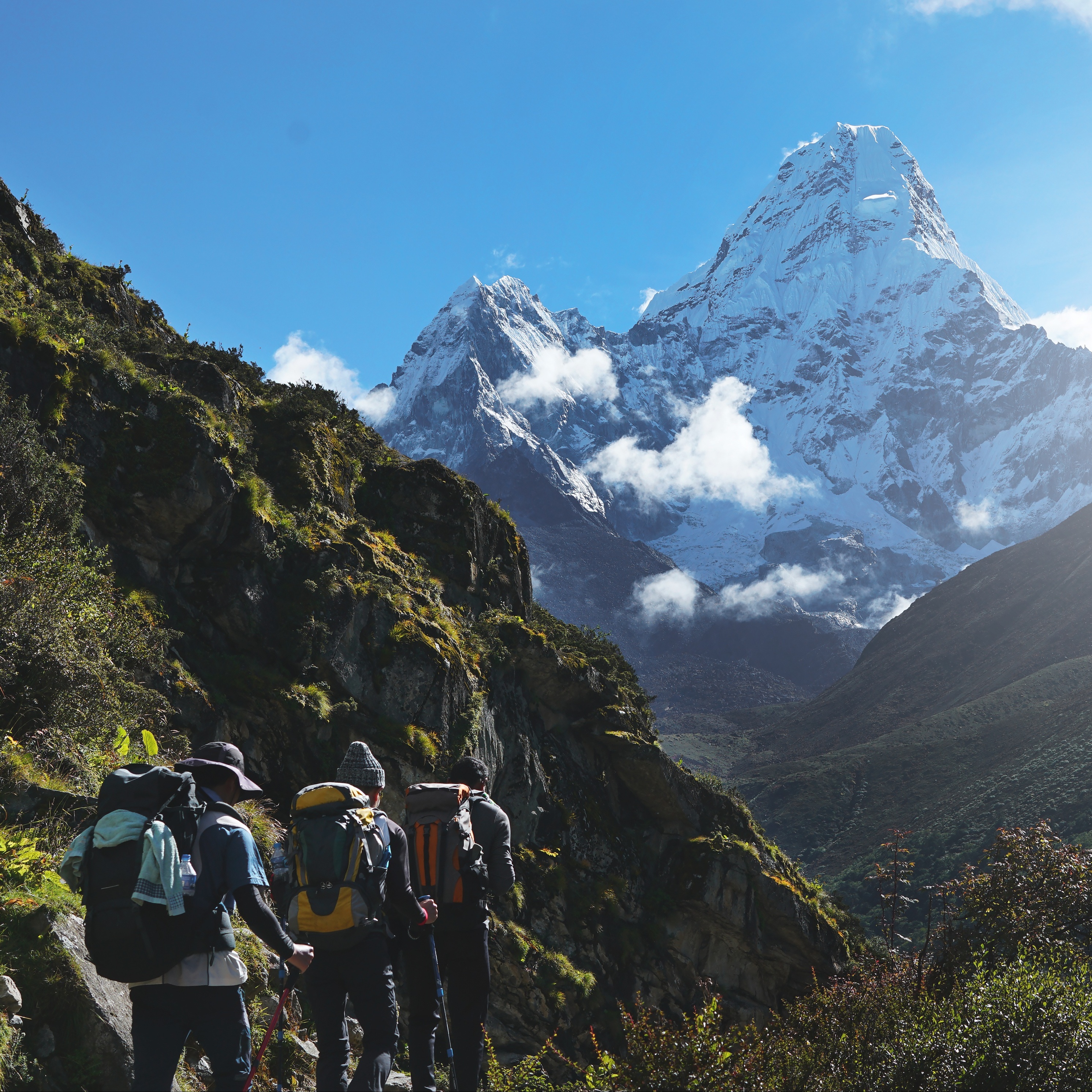 Tourists just outside of Namche Bazaar on way to Everest View Hotel, Kongde Ri peak in background