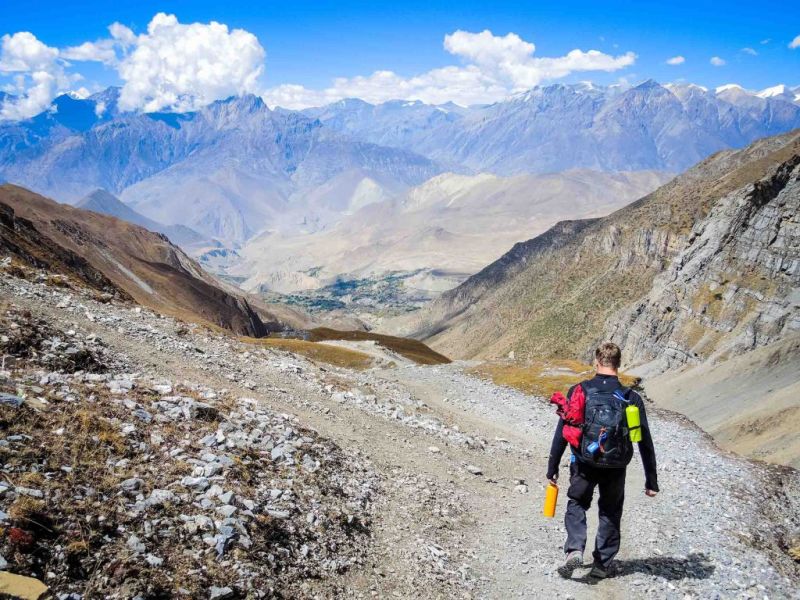Annapurna Circuit route and lone trekker