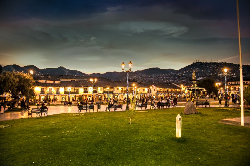 Plaza de Armas in sunset at historic center of Cusco Peru