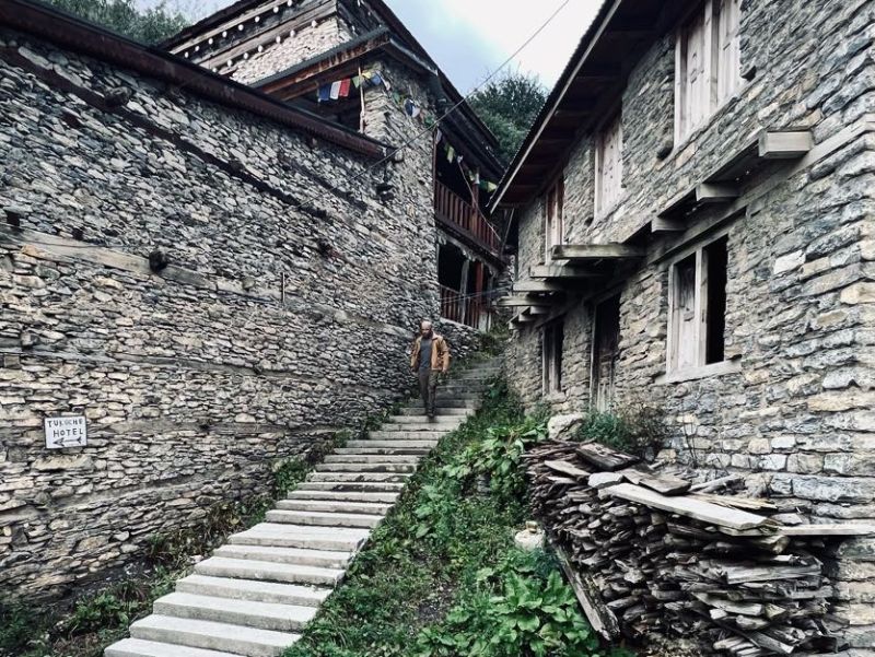 Annapurna Circuit, steps between stone buildings in village