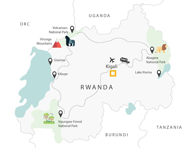 Rwanda map with itinerary Kigali - Akagera - Volcanoes - Kibuye - Nyungwe - Kigali