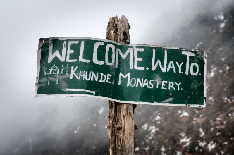 Khunde Monastery sign in Khunde Village, Solukhumbu, Everest Region in Nepal