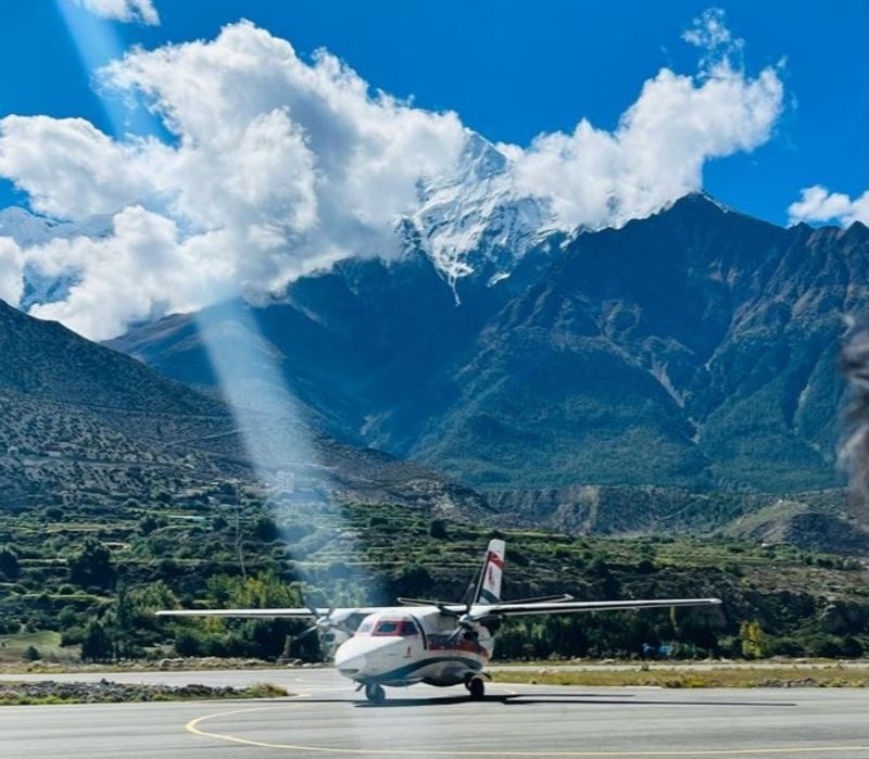 Jomsom Airport and plane, Annapurna Circuit and mountains